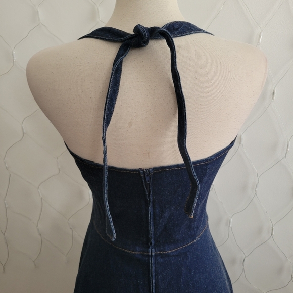 Deep Blue Halter Dress • Zip Up Back • A-Line • Ties At Neck - Picture 6 of 8